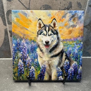 Husky in Bluebonnets Ceramic Tile Trivet For Hot Dishes/Coaster – 6x6 Handmade Kitchen Decor, Gift for Dog Lovers, Made in USA