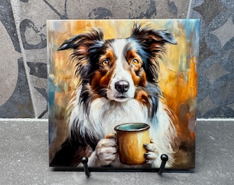 Border Collie Drinking Coffee Ceramic Tile Trivet For Hot Dishes/Coaster – 6x6 Handmade Kitchen Decor, Gift for Dog Lovers, Made in USA