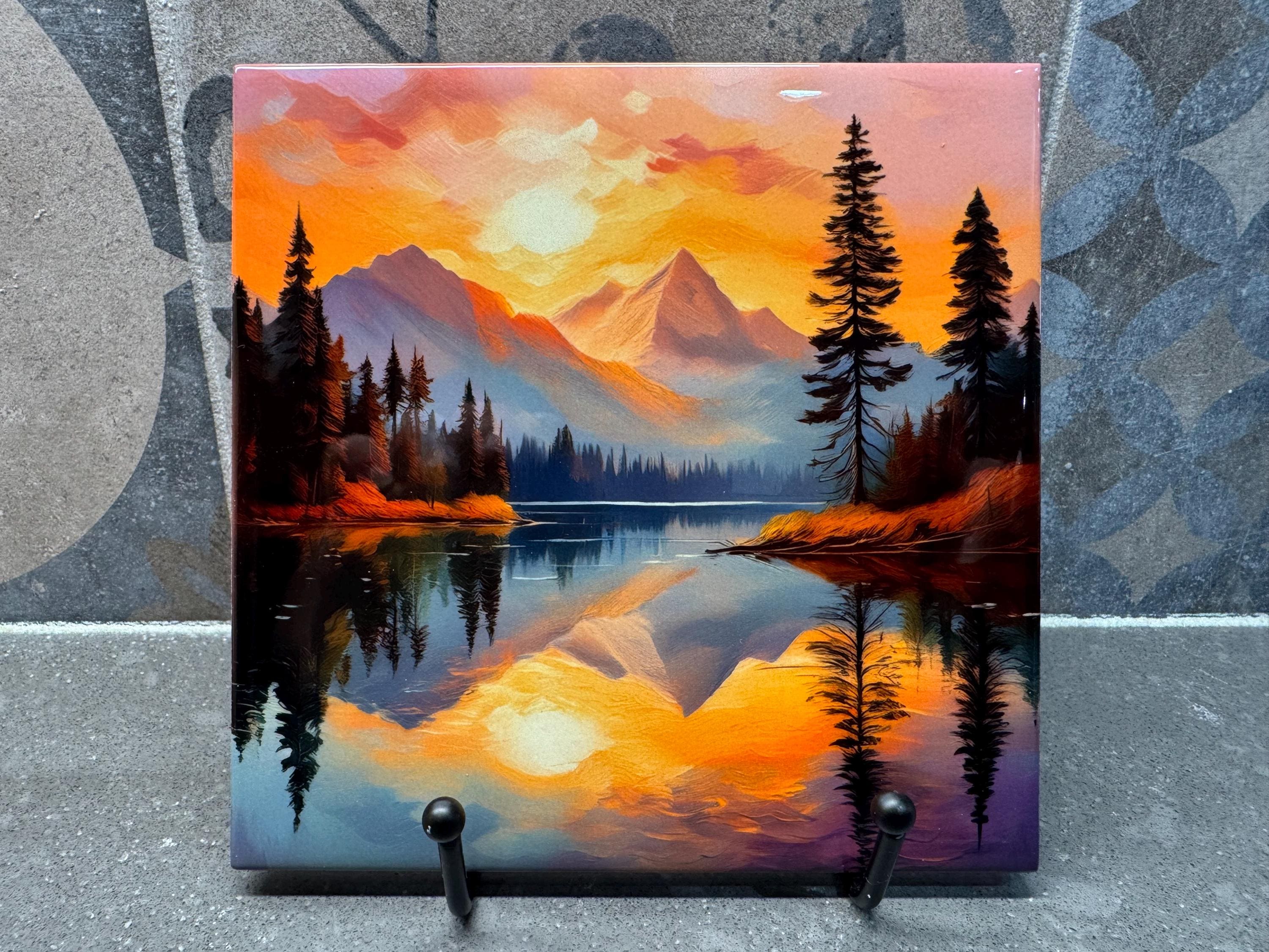 Reflective Mountain Landscape Ceramic Tile Trivet/coaster – 6x6