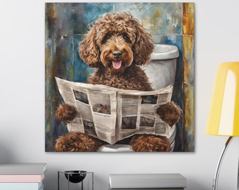 May include: A brown dog sitting on a toilet with a newspaper in its paws. The dog is looking at the camera with a smile on its face. The background is a blue and green tiled bathroom.