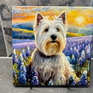 Westie in Bluebonnets Ceramic Tile Trivet For Hot Dishes/Coaster – 6x6 Handmade Kitchen Decor, Gift for Dog Lovers, Made in USA