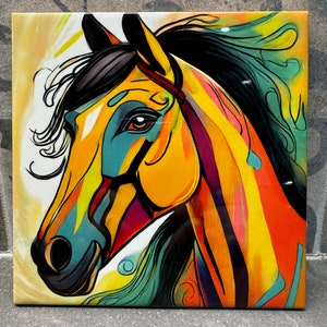 May include: A colorful abstract painting of a horse's head. The horse is painted in shades of yellow, orange, red, blue, and green. The background is a light yellow.