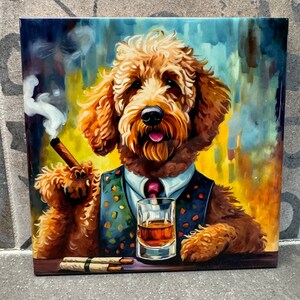 May include: A painting of a brown dog wearing a blue vest with a white and black pattern, holding a cigar and a glass of whiskey. The dog is sitting at a bar with a few cigarettes on the counter.
