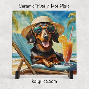 Dachshund on the Beach Drinking a Cocktail Ceramic Tile Trivet for hot dishes – 6x6 Handmade Dog Lover Decor Coaster, Made in USA