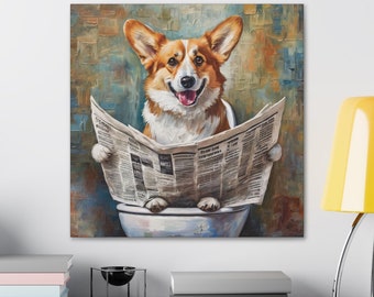 May include: A painting of a corgi dog sitting on a toilet and reading a newspaper. The dog is smiling and has a happy expression on its face. The background is a blue and brown tiled wall.