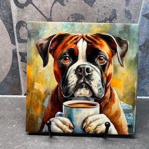 Boxer Drinking Coffee Ceramic Tile Trivet For Hot Dishes/Coaster – 6x6 Handmade Kitchen Decor, Gift for Dog Lovers, Made in USA