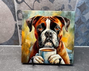 Boxer Drinking Coffee Ceramic Tile Trivet For Hot Dishes/Coaster – 6x6 Handmade Kitchen Decor, Gift for Dog Lovers, Made in USA