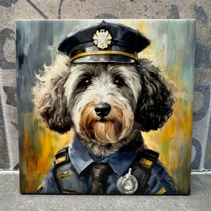 May include: A painting of a dog wearing a police officer's hat and uniform. The dog has a gray and white coat and is looking directly at the viewer. The background is a yellow and brown watercolor wash.