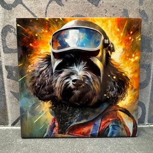 May include: A black and white dog wearing a silver helmet with a blue visor. The dog is surrounded by a yellow and orange explosion. The dog is wearing a red, blue, and yellow jacket.