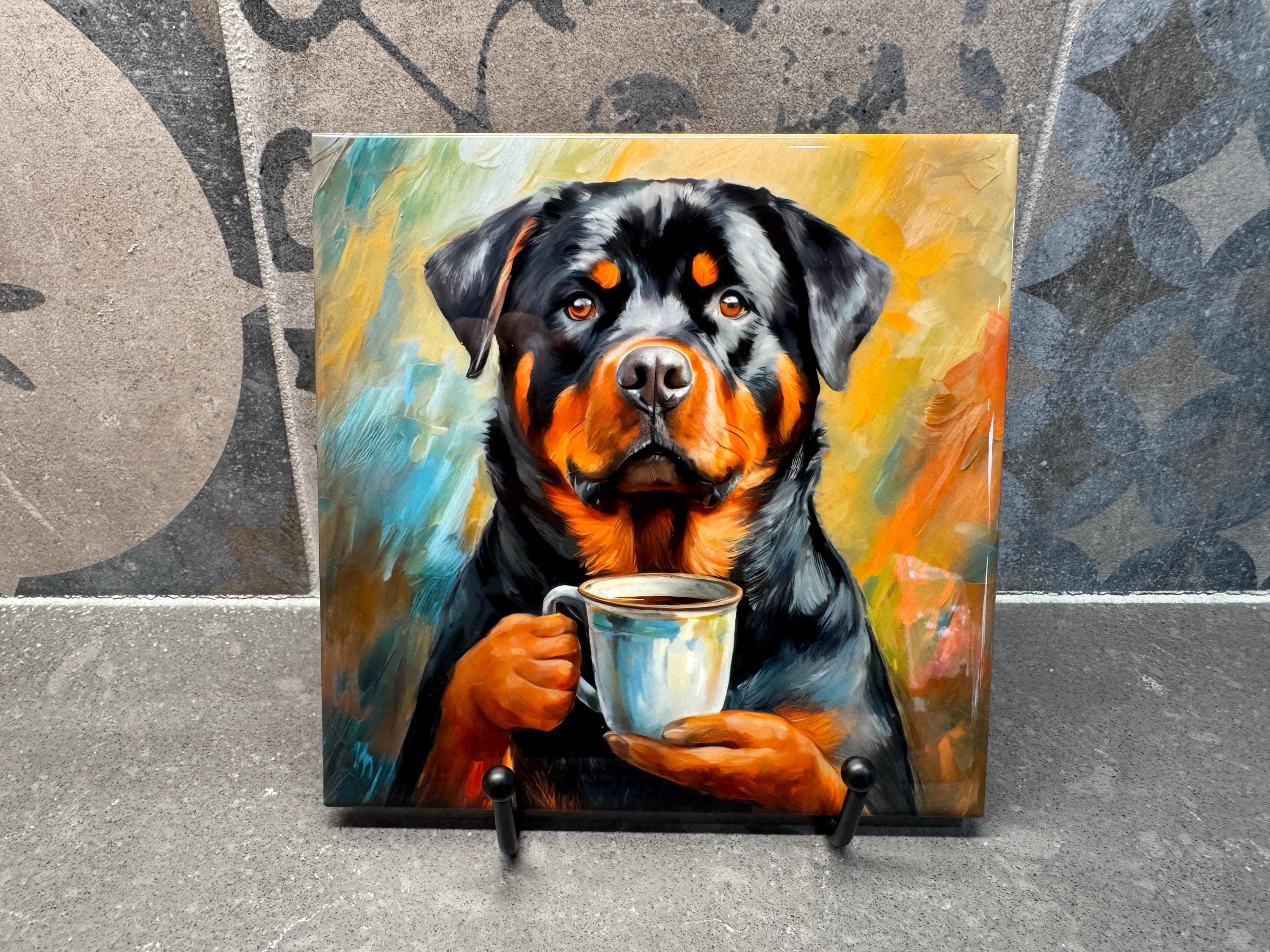 Rottweiler Drinking Coffee Ceramic Tile Trivet for Hot Dishes