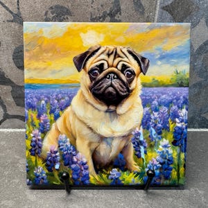 Pug in Bluebonnets Ceramic Tile Trivet For Hot Dishes/Coaster – 6x6 Handmade Kitchen Decor, Gift for Dog Lovers, Made in USA