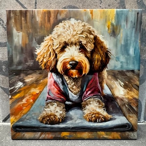 May include: A painting of a brown and white dog wearing a red and blue striped shirt. The dog is sitting on a blue yoga mat with a brown wooden background.
