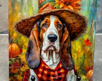 Salvamanteles con diseño de espantapájaros de otoño para platos calientes, posavasos con diseño de azulejos, agarradera personalizada, regalo para amantes de los basset hound
