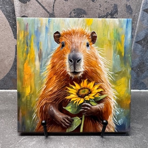 Capybara with Sunflower Ceramic Tile Trivet/Coaster – 6x6 Handmade Wildlife Kitchen Decor, Cute Animal Gift, Made in USA