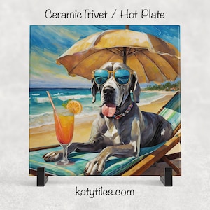 Great Dane on the Beach Drinking a Cocktail Ceramic Tile Trivet for hot dishes – 6x6 Handmade Dog Lover Decor Coaster, Made in USA