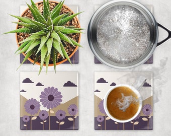 Dessous de plat en carreaux à motif floral violet vintage rétro pour plats chauds. Plaque chauffante Coaster Tile Art. Violet. Conception florale.