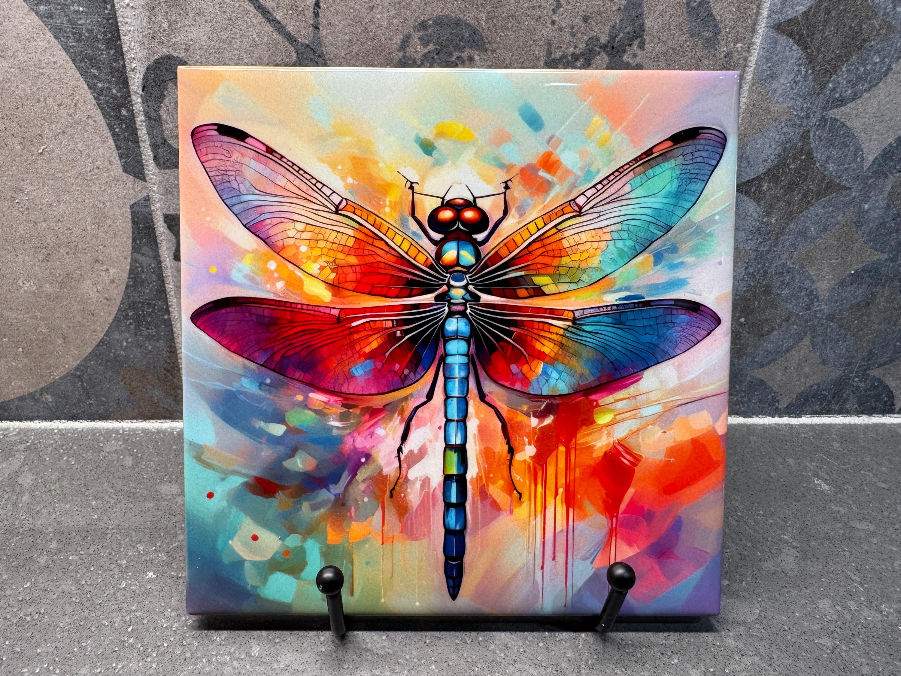 Rainbow Dragonfly Ceramic Tile Trivet/coaster – 6x6 Handmade