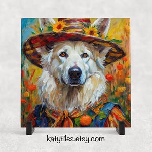 May include: A white German Shepherd dog wearing a red, yellow and green plaid hat with sunflowers. The dog is painted in a realistic style with a colourful background of flowers and foliage.