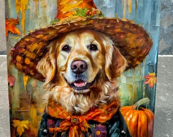 Salvamanteles con diseño de espantapájaros de otoño con diseño de golden retriever para platos calientes, posavasos con diseño de azulejos, agarradera personalizada, regalo para amantes de los golden retriever