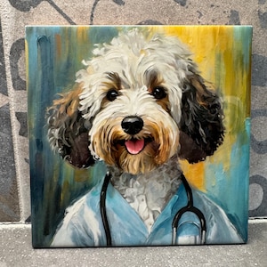 May include: A painting of a white and brown dog wearing a blue scrubs outfit with a stethoscope around its neck. The dog has a happy expression and is looking directly at the viewer.