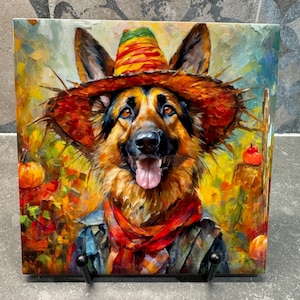 May include: A German Shepherd dog wearing a large, colourful, straw hat and a red scarf. The dog is painted in a realistic style with an autumnal background of pumpkins and autumn leaves.