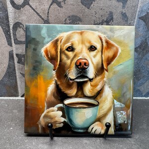 Labrador Retriever Drinking Coffee Ceramic Tile Trivet For Hot Dishes/Coaster – 6x6 Handmade Kitchen Decor, Gift for Dog Lovers, Made in USA