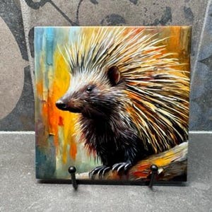 Porcupine Ceramic Tile Trivet/Coaster – 6x6 Handmade Wildlife Kitchen Decor, Woodland Gift, Made in USA