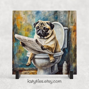 May include: A painting of a pug dog sitting on a toilet reading a newspaper. The dog is brown and white and has a serious expression on its face. The toilet is white and has a blue and green tiled background.