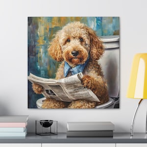 May include: A painting of a brown and white dog wearing a blue tie and sitting on a toilet reading a newspaper.