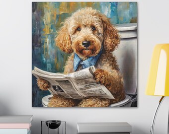 May include: A painting of a brown and white dog wearing a blue tie and sitting on a toilet reading a newspaper.