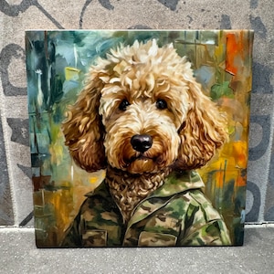 May include: A painting of a light brown dog wearing a camouflage jacket. The dog has a fluffy, curly coat and is looking directly at the viewer. The background is a colorful abstract painting.
