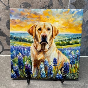 Yellow Labrador Retriever in Bluebonnets Ceramic Tile Trivet For Hot Dishes/Coaster – 6x6 Handmade Kitchen Decor, Gift for Dog Lovers