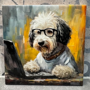 May include: Square canvas art featuring a dog wearing glasses and a light blue shirt, working on a laptop. The dog has black and white fur and a brown collar. The background has yellow, gray, and white brushstrokes.