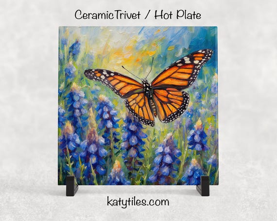 Monarch Butterfly on Bluebonnets Ceramic Tile Trivet/coaster – 6x6
