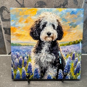 Sheepadoodle & Aussiedoodle in Bluebonnets Ceramic Tile Trivet For Hot Dishes/Coaster – 6x6 Handmade Kitchen Decor, Gift for Dog Lovers