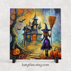 May include: A colorful painting of a witch with a broom walking towards a spooky house with a full moon in the background. The house has a lit window and a jack-o-lantern sits in front of it.