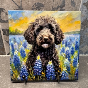 Black Doodle in Bluebonnets Ceramic Tile Trivet For Hot Dishes/Coaster – 6x6 Handmade Kitchen Decor, Gift for Dog Lovers, Made in USA