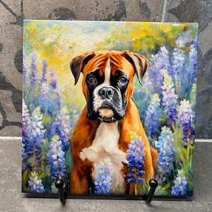 Boxer in Bluebonnets Ceramic Tile Trivet For Hot Dishes/Coaster – 6x6 Handmade Kitchen Decor, Gift for Dog Lovers, Made in USA