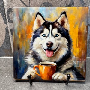 Husky Drinking Coffee Ceramic Tile Trivet For Hot Dishes/Coaster – 6x6 Handmade Kitchen Decor, Gift for Dog Lovers, Made in USA