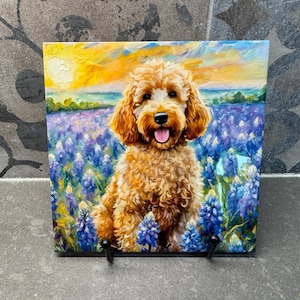 Goldendoodle in Bluebonnets Ceramic Tile Trivet For Hot Dishes/Coaster – 6x6 Handmade Kitchen Decor, Gift for Dog Lovers, Made in USA