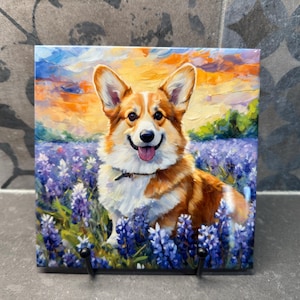 Corgi in Bluebonnets Ceramic Tile Trivet For Hot Dishes/Coaster – 6x6 Handmade Kitchen Decor, Gift for Dog Lovers, Made in USA
