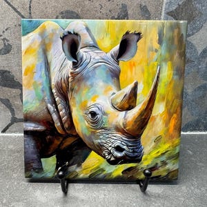 May include: A square ceramic tile featuring a vibrant, colorful painting of a rhinoceros. The artwork showcases the rhino's head and horn, with a background of yellow, green, and blue brushstrokes. The tile is displayed on a black metal stand.