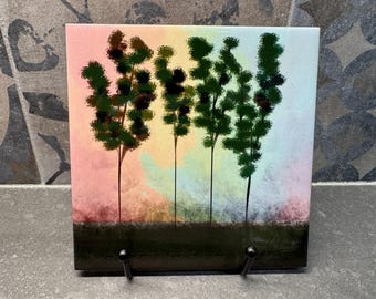 Salvamanteles/posavasos de cerámica con árboles abstractos al atardecer, 15 x 15 cm, decoración paisajística moderna hecha a mano, fabricado en EE. UU.