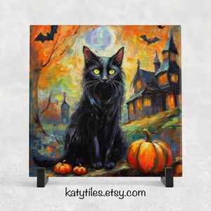 May include: A black cat with yellow eyes sits in front of a spooky, dark green and brown haunted house with a full moon in the background. The cat is surrounded by orange and yellow pumpkins. The image is painted in a colorful, impressionistic style.