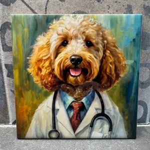 May include: A painting of a brown and white dog wearing a white doctor's coat with a blue and white patterned shirt, a red tie, and a stethoscope around its neck. The dog is smiling and has a happy expression.