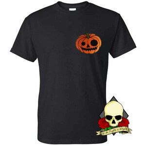 Handprinted Made to Order Black Tshirt - Pumpkin Pocket Chest Design - Unisex - Sizes S-XXXL