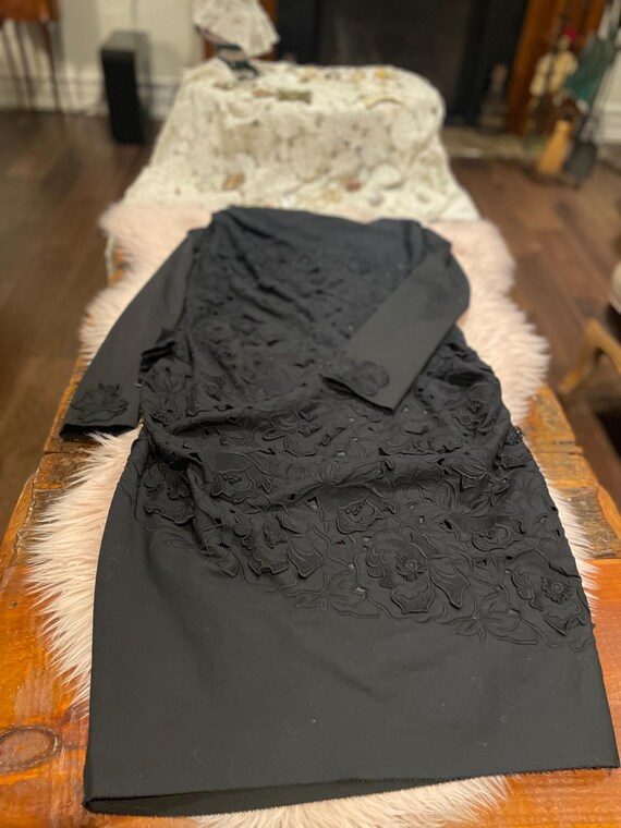 lanvin black lace dress LONG EMBROIDERED CHARMEUSE EVENING GOWN