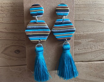 Turquoise Striped Tassel Polymer Clay Earrings