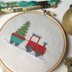 Pode incluir: Um aro de bordado de ponto cruz com um comboio vermelho a puxar um vag&atilde;o turquesa que leva uma &aacute;rvore de Natal verde no seu interior. O fundo &eacute; branco com pequenos pontos brancos.