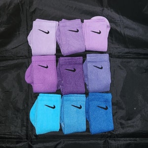 Dyed Nike socks, tie dyed socks, purple and blue, women&#39;s socks, men&#39;s socks, athletic socks, size Medium, Nikki&#39;s dyed nike socks